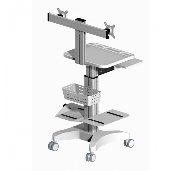 WKH-1200-S / WorkHub ML1200 - Рабочая станция мобильная для 2х мониторов Сидя-Стоя 850-1150макс газ-лифт 2Полки/Клав/Корзина серебро